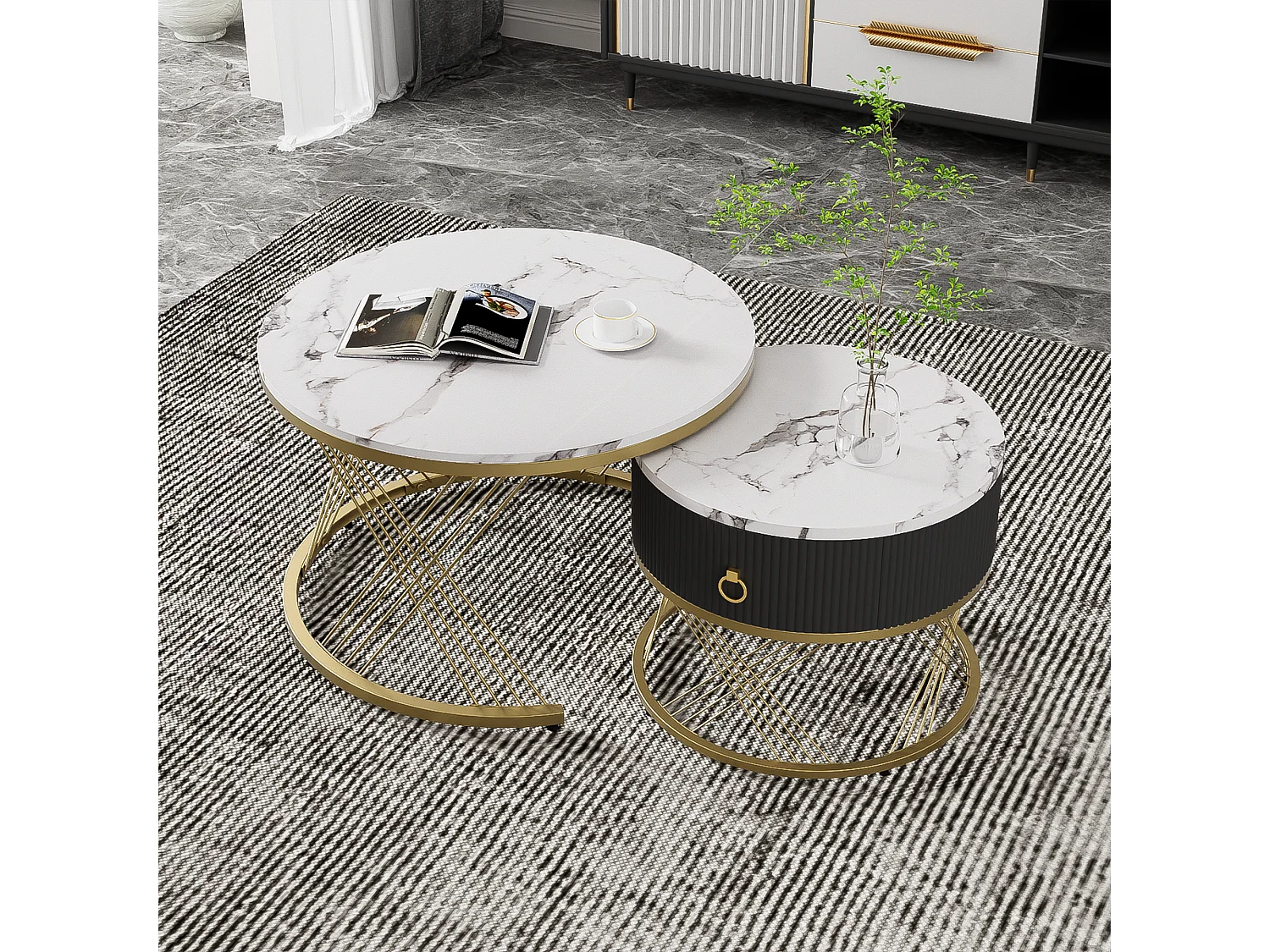 Table basse élégante 2 pièces, effet marbre, décor doré, avec tiroirs