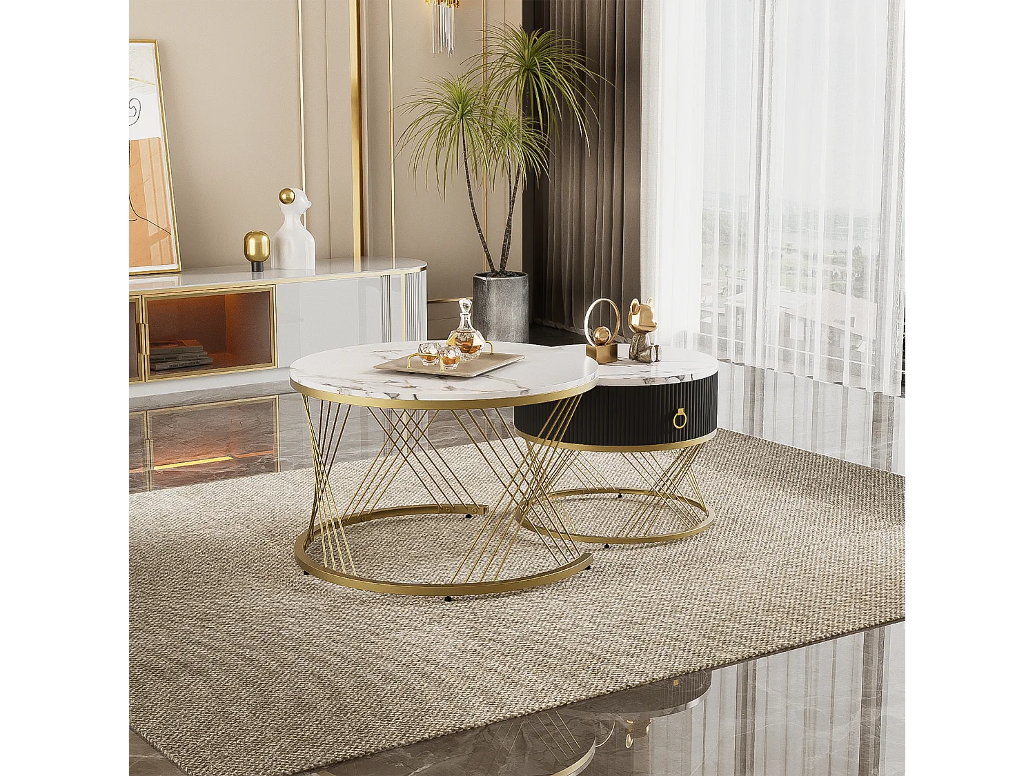 Table basse élégante 2 pièces, effet marbre, décor doré, avec tiroirs