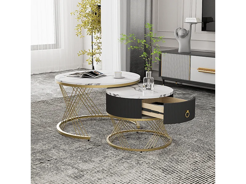 Table basse élégante 2 pièces, effet marbre, décor doré, avec tiroirs