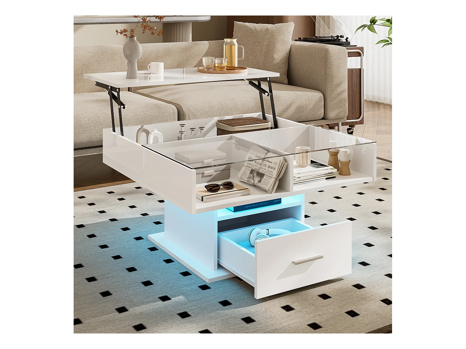 Table basse relevable multifonction brillante avec LED, hauteur réglable et rangement flexible, design moderne salon et bureau