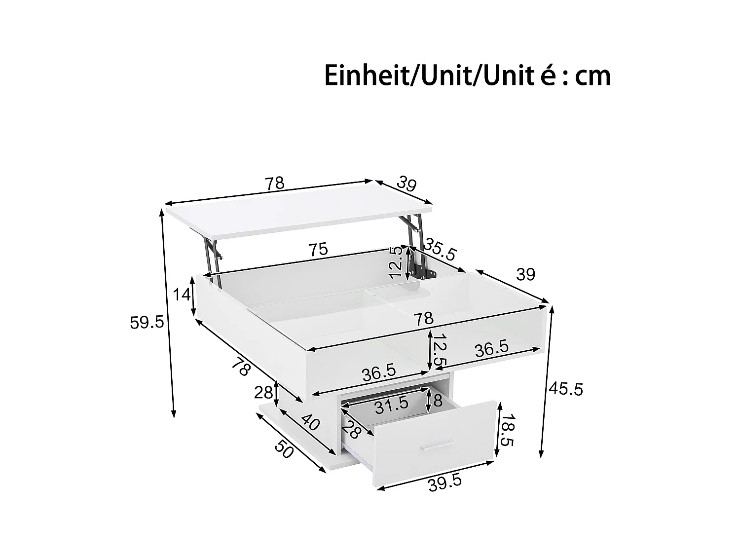 Table basse relevable multifonction brillante avec LED, hauteur réglable et rangement flexible, design moderne salon et bureau