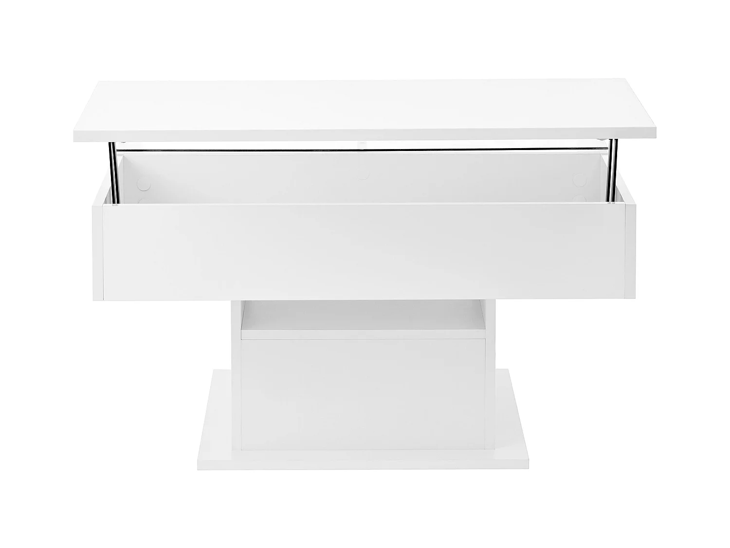 Table basse relevable multifonction brillante avec LED, hauteur réglable et rangement flexible, design moderne salon et bureau