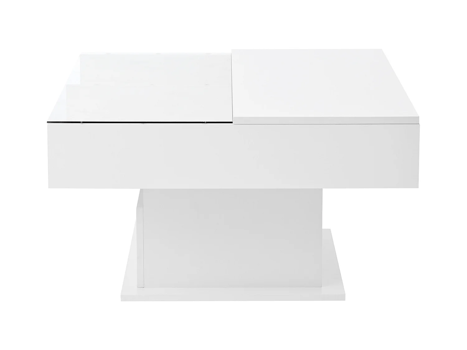 Table basse relevable multifonction brillante avec LED, hauteur réglable et rangement flexible, design moderne salon et bureau