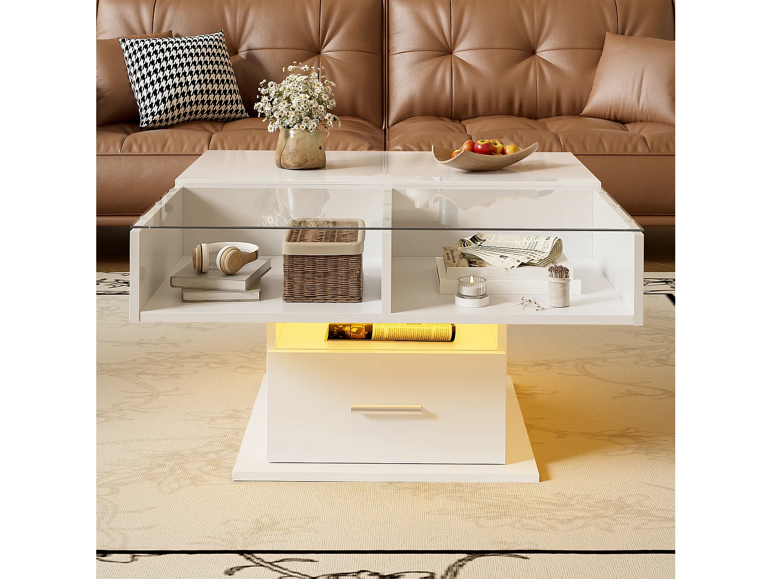 Table basse relevable multifonction brillante avec LED, hauteur réglable et rangement flexible, design moderne salon et bureau