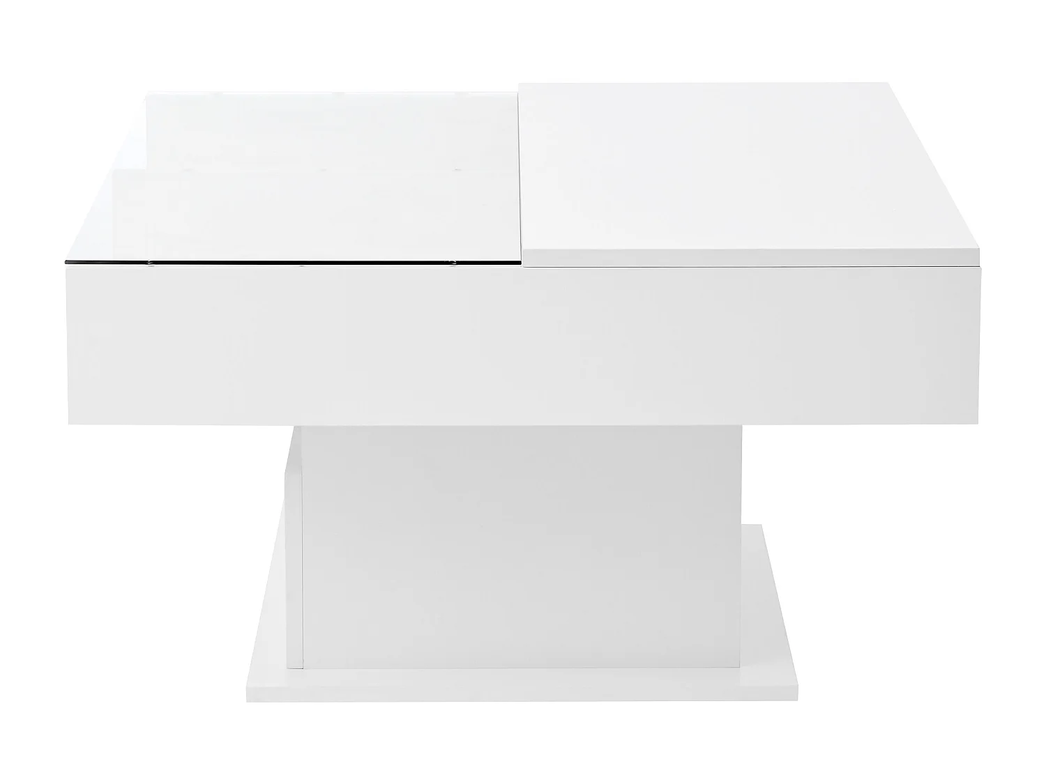 Table basse relevable multifonction brillante avec LED, hauteur réglable et rangement flexible, design moderne salon et bureau