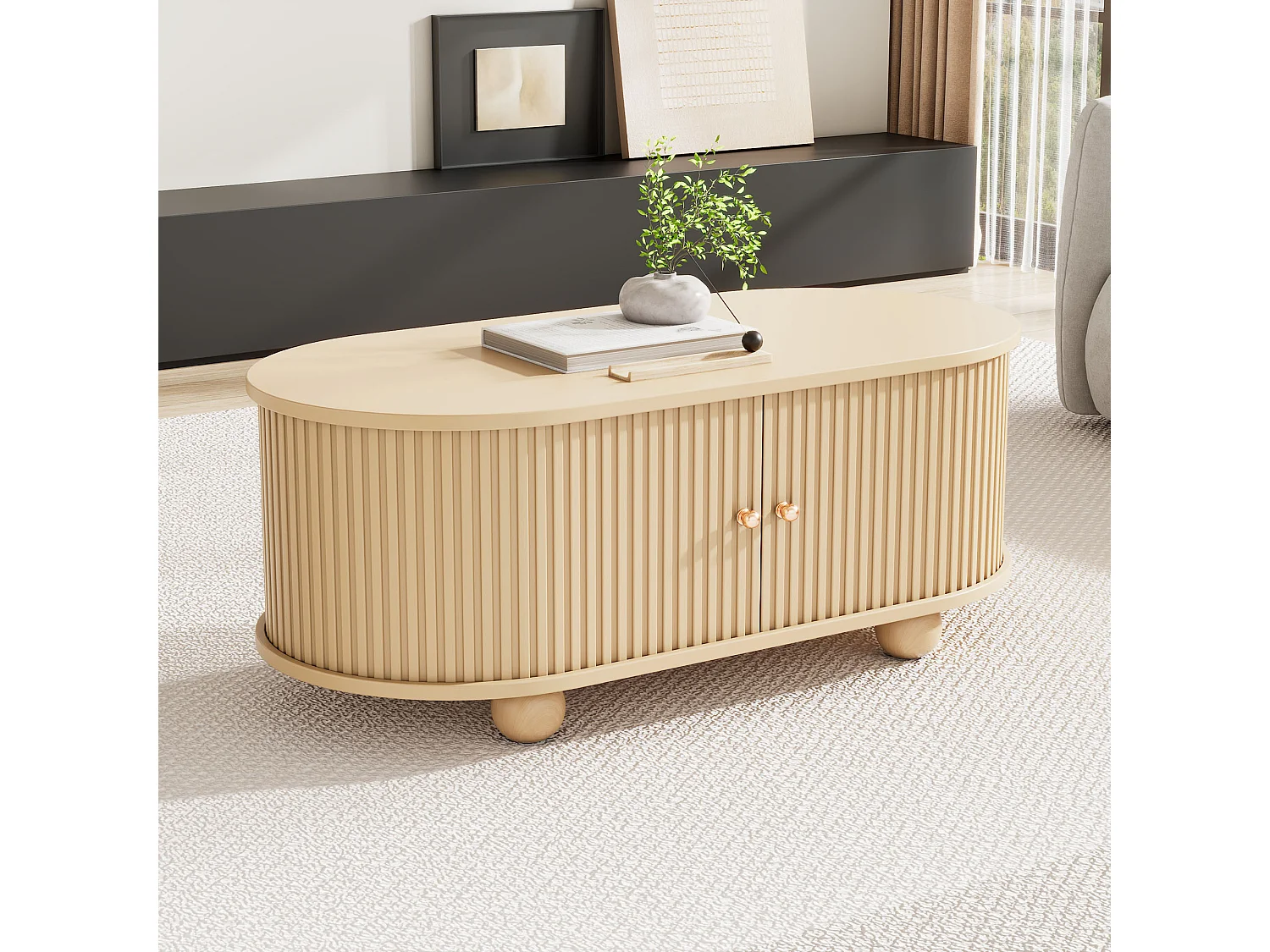 Table basse ovale avec espace de rangement et portes coulissantes : Meuble multifonctionnel à économie d'espace en tons de bois