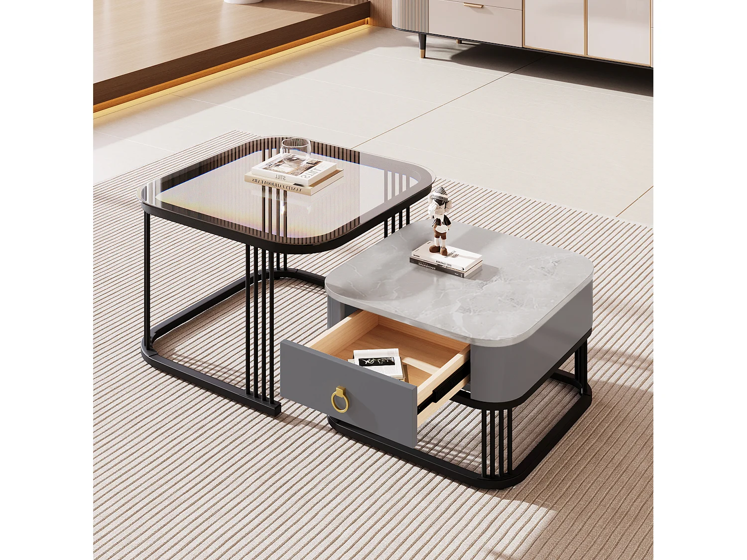 Table basse empilable 2 pièces, effet marbre brillant, accents dorés, tiroirs