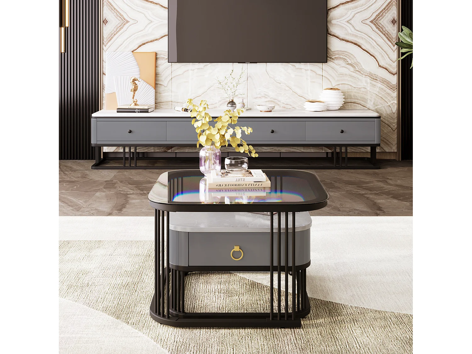 Table basse empilable 2 pièces, effet marbre brillant, accents dorés, tiroirs