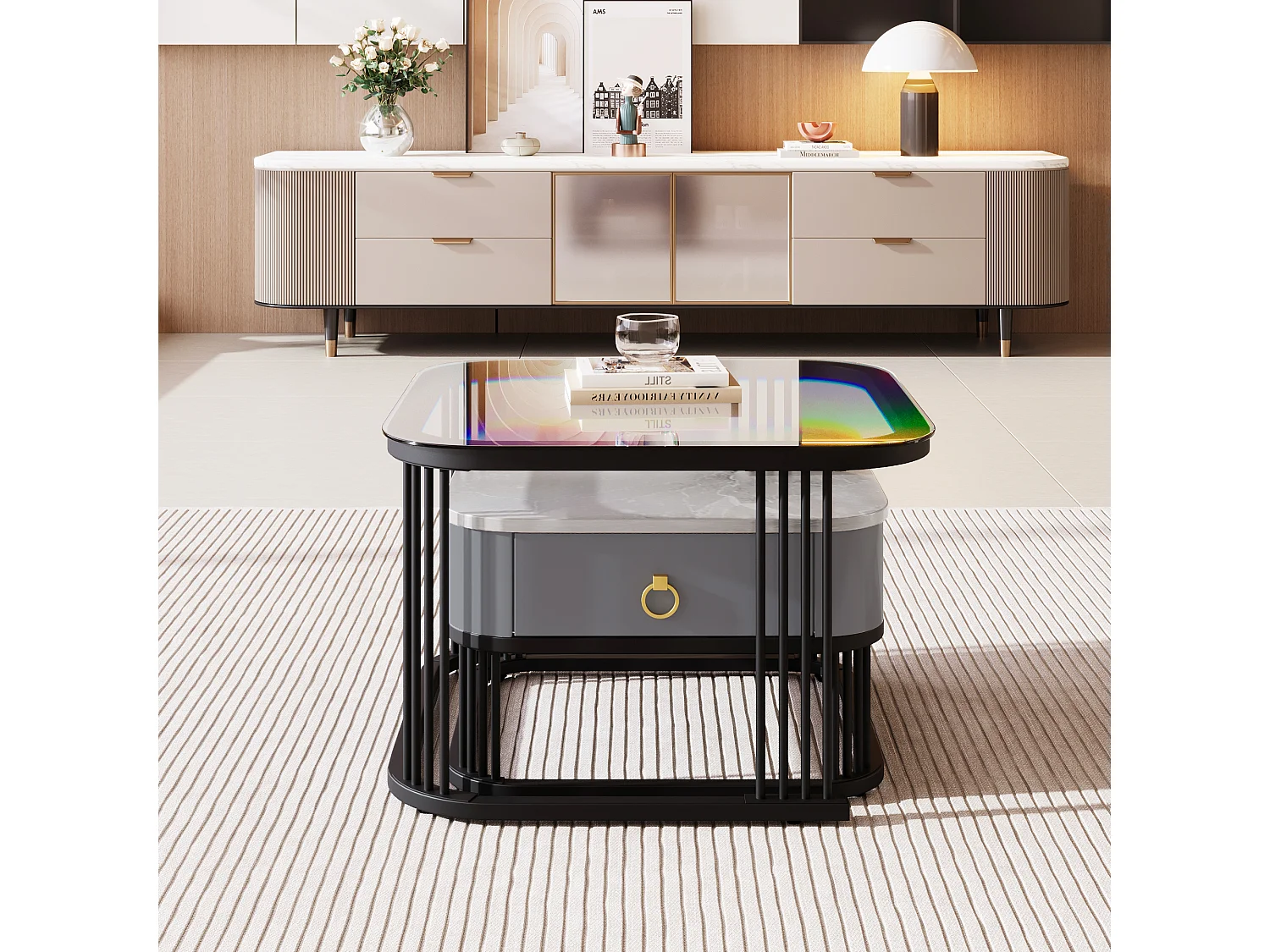 Table basse empilable 2 pièces, effet marbre brillant, accents dorés, tiroirs