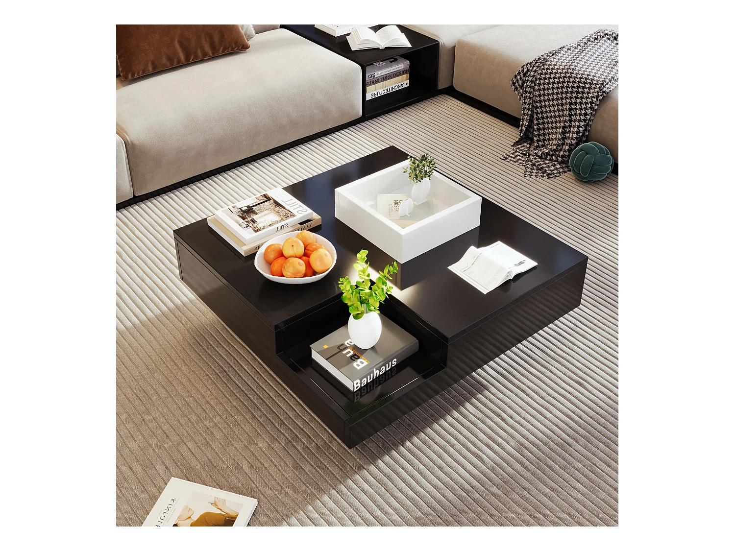 Table basse brillante avec LED, table d’appoint avec boîte de rangement amovible, design bicolore blanc et noir, 72×72×30 cm