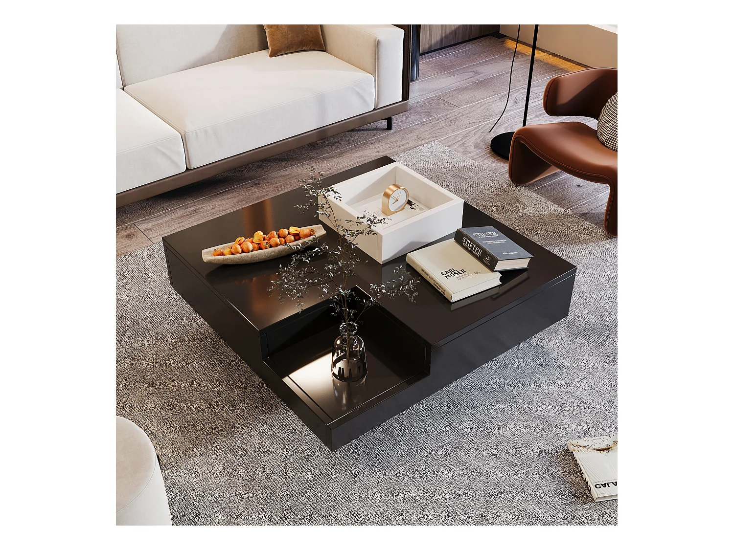 Table basse brillante avec LED, table d’appoint avec boîte de rangement amovible, design bicolore blanc et noir, 72×72×30 cm