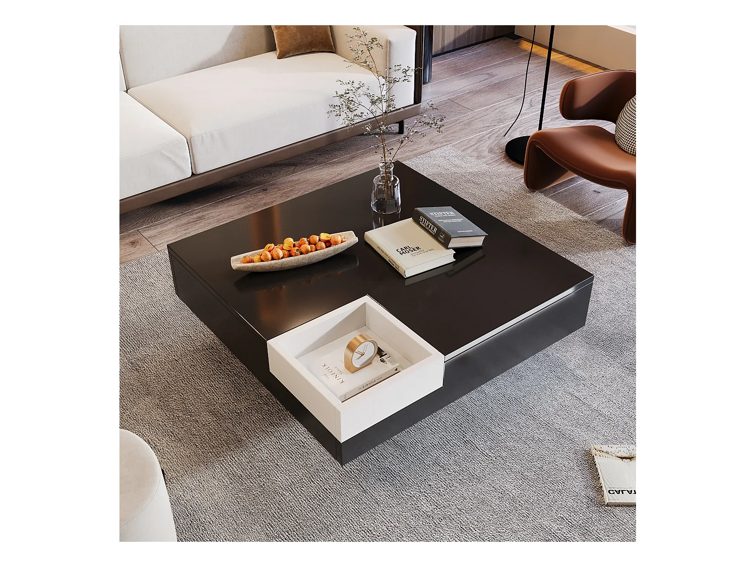Table basse brillante avec LED, table d’appoint avec boîte de rangement amovible, design bicolore blanc et noir, 72×72×30 cm