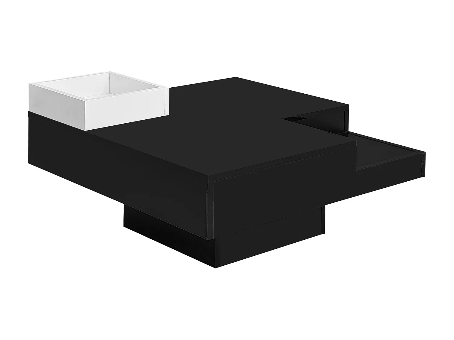 Table basse brillante avec LED, table d’appoint avec boîte de rangement amovible, design bicolore blanc et noir, 72×72×30 cm