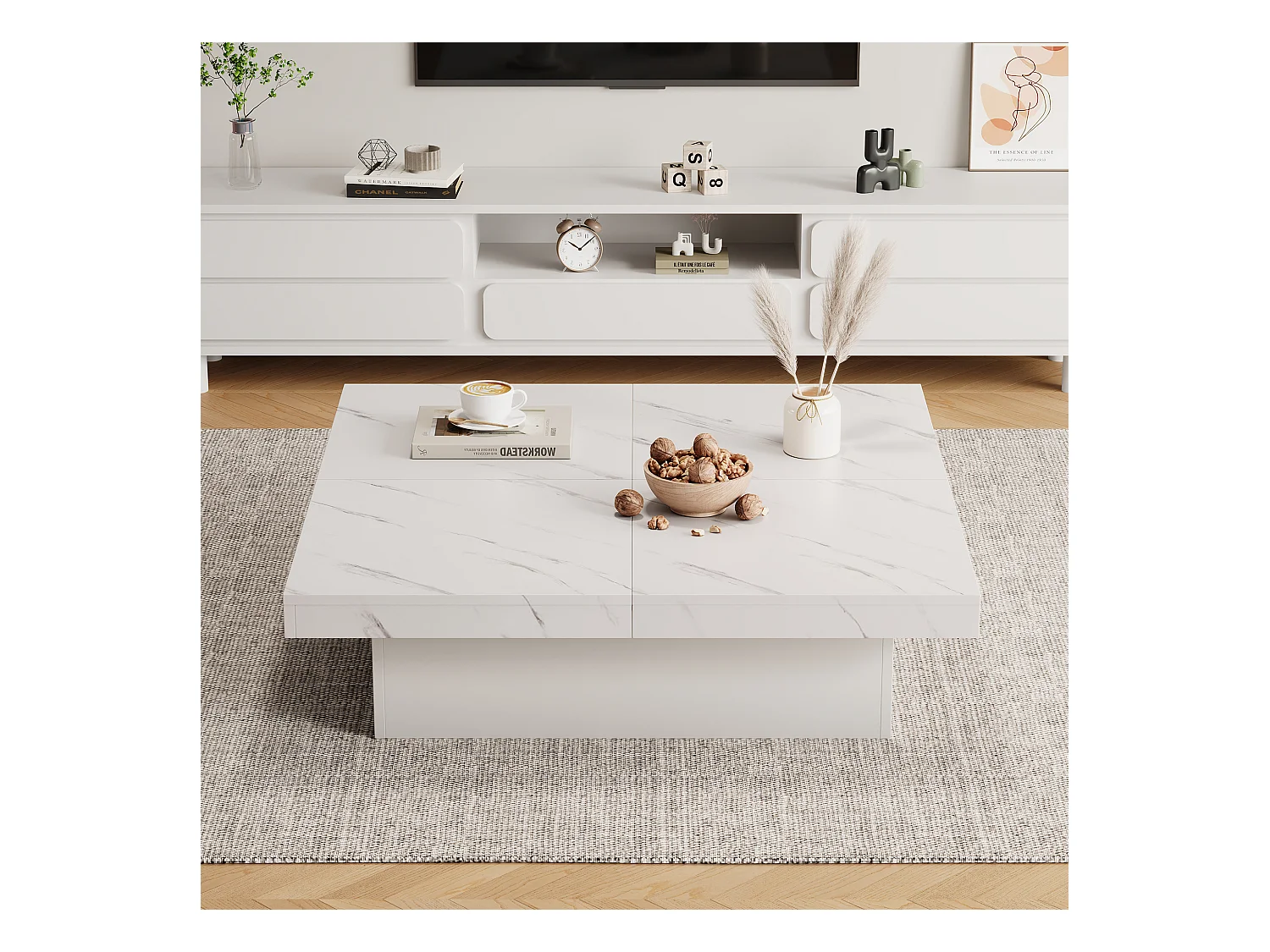 Table Basse Carrée Moderne Blanche avec Effet Marbre, Quatre Tiroirs et Plateau Glissant