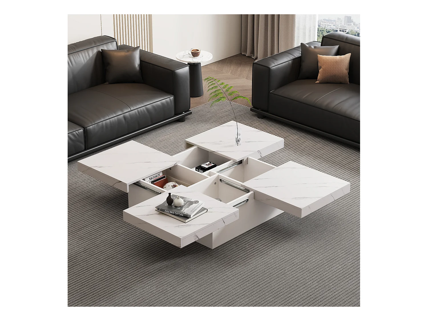 Table Basse Carrée Moderne Blanche avec Effet Marbre, Quatre Tiroirs et Plateau Glissant