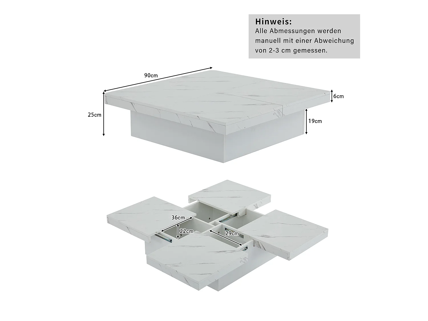 Table Basse Carrée Moderne Blanche avec Effet Marbre, Quatre Tiroirs et Plateau Glissant