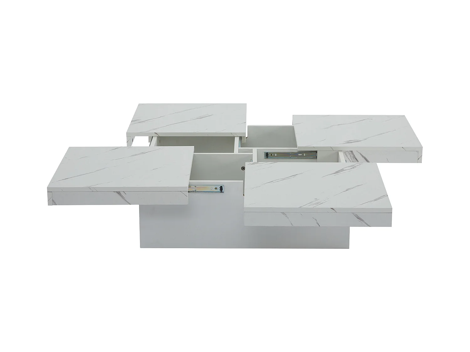 Table Basse Carrée Moderne Blanche avec Effet Marbre, Quatre Tiroirs et Plateau Glissant
