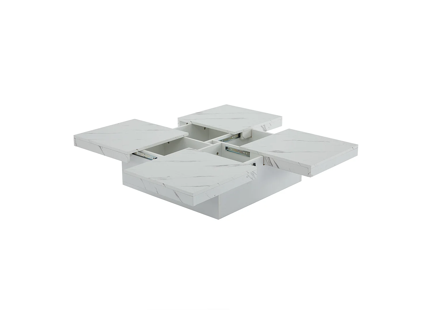 Table Basse Carrée Moderne Blanche avec Effet Marbre, Quatre Tiroirs et Plateau Glissant