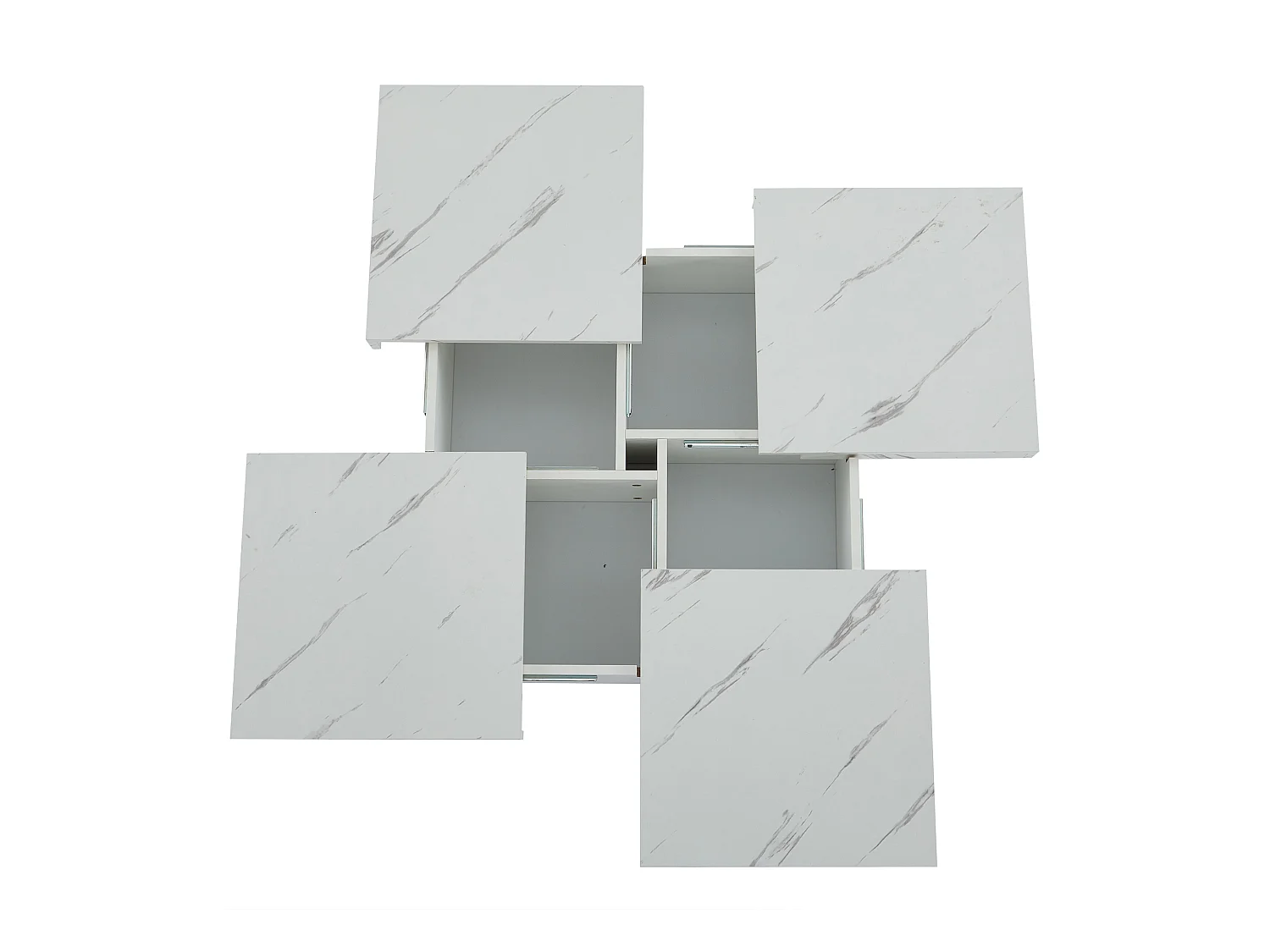 Table Basse Carrée Moderne Blanche avec Effet Marbre, Quatre Tiroirs et Plateau Glissant