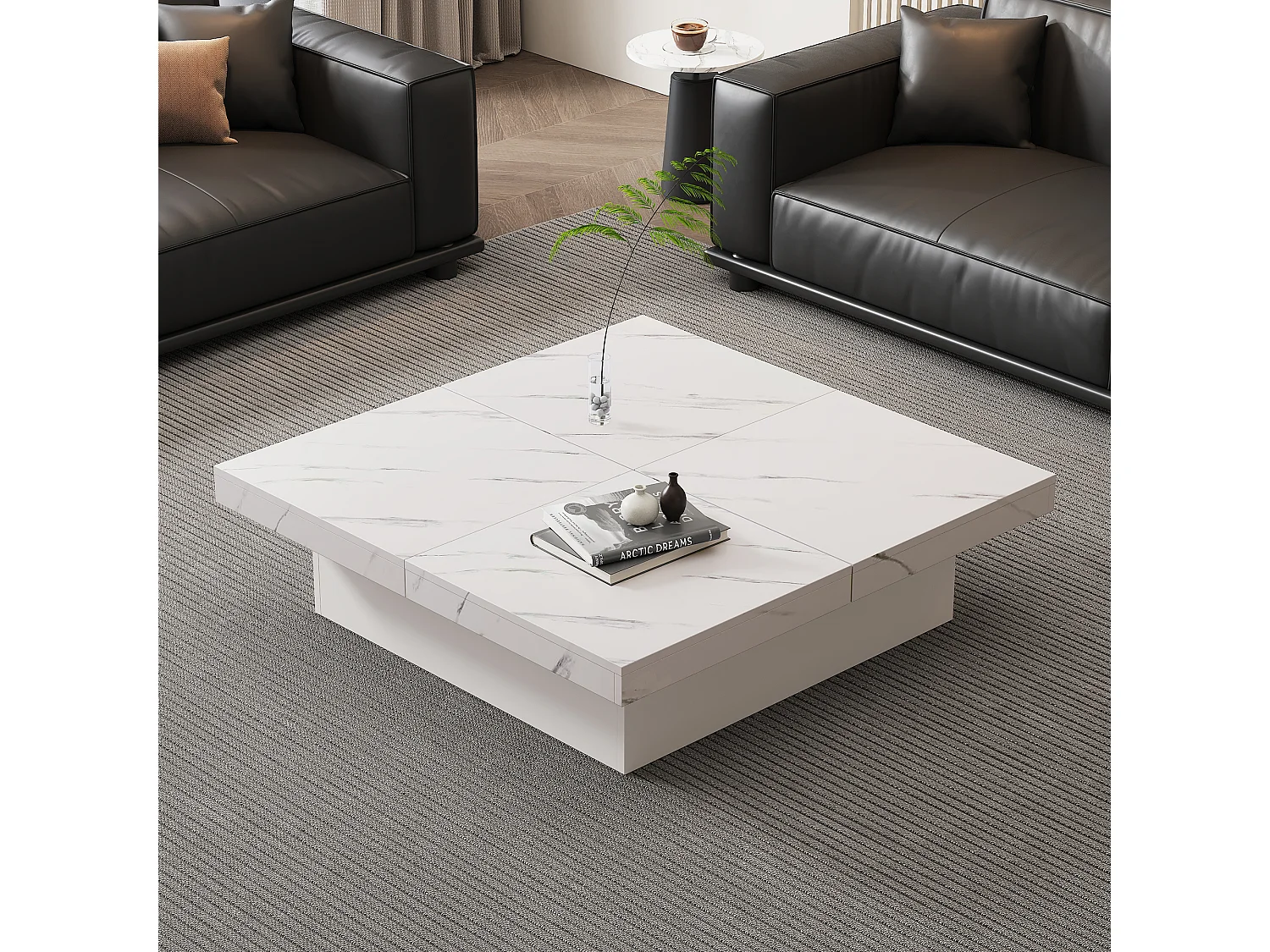 Table Basse Carrée Moderne Blanche avec Effet Marbre, Quatre Tiroirs et Plateau Glissant