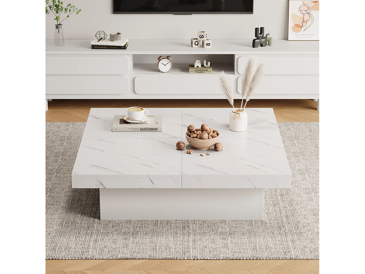 Table Basse Carrée Moderne Blanche avec Effet Marbre, Quatre Tiroirs et Plateau Glissant