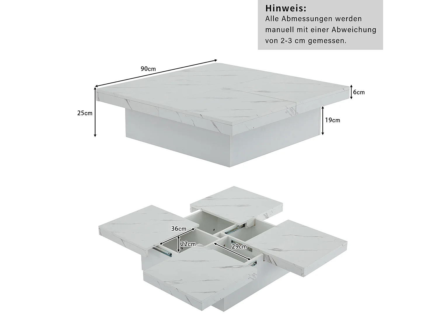 Table Basse Carrée Moderne Blanche avec Effet Marbre, Quatre Tiroirs et Plateau Glissant