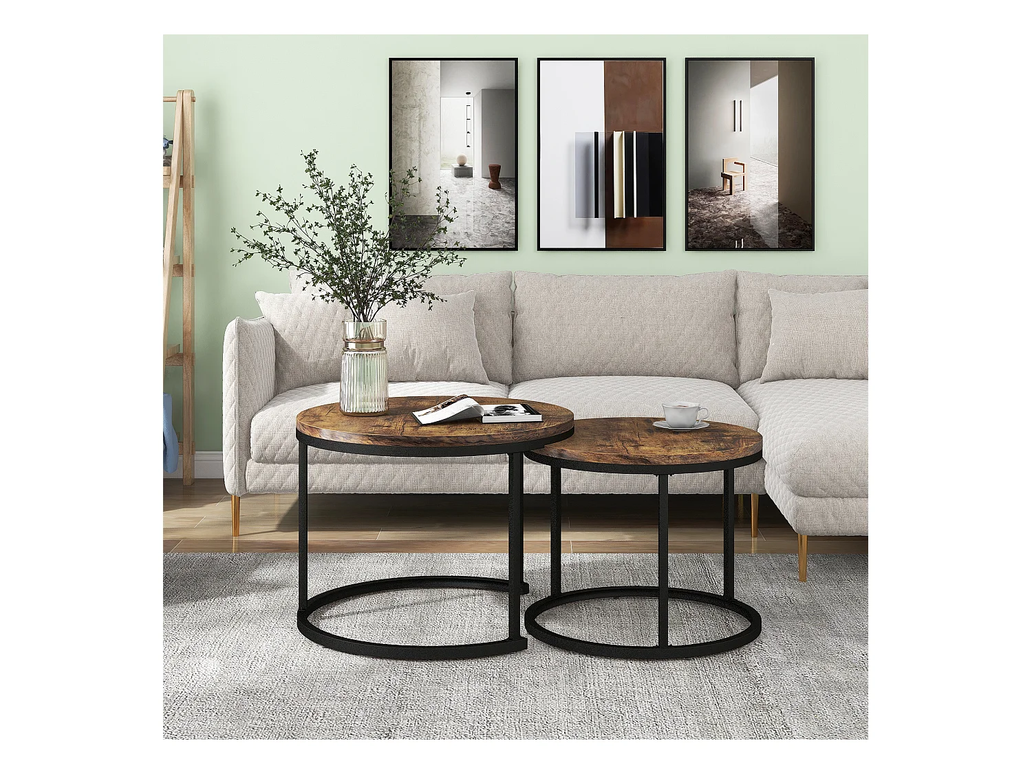 Lot de 2 tables basses rondes gigognes en chêne pour salon