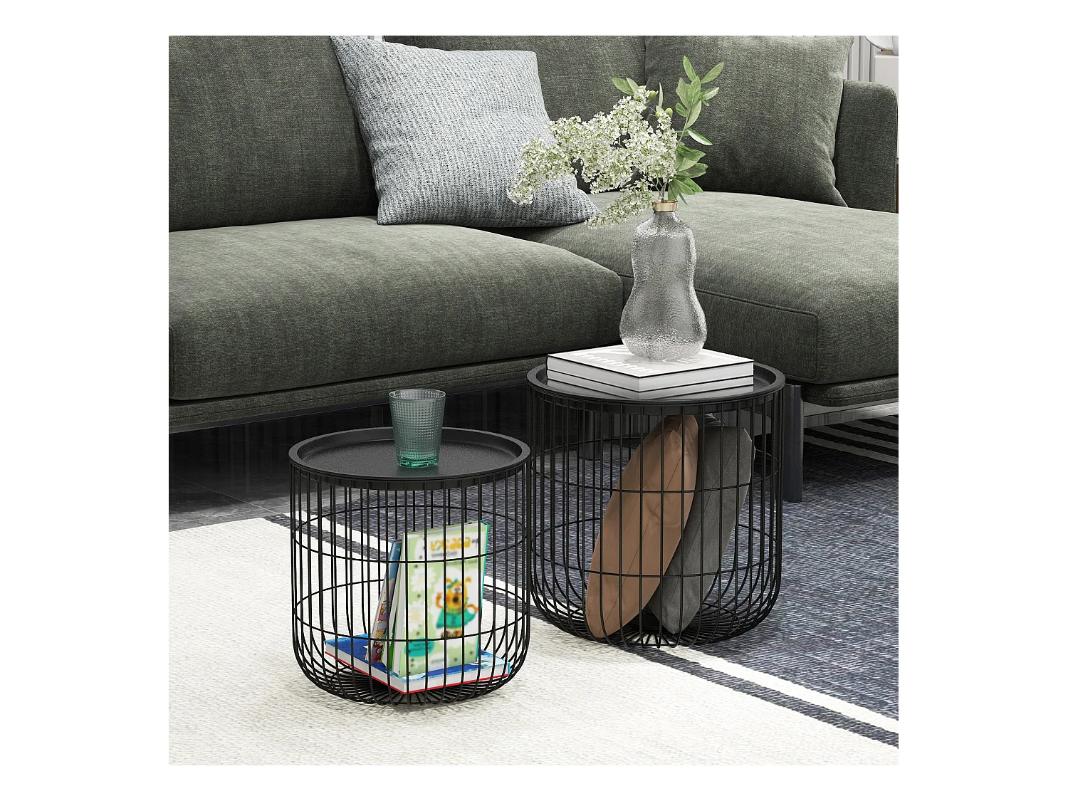 Ensemble de 2 tables basses, table d'appoint au design scandinave, table de salon avec rangement en acier noir pour salon et décoration moderne