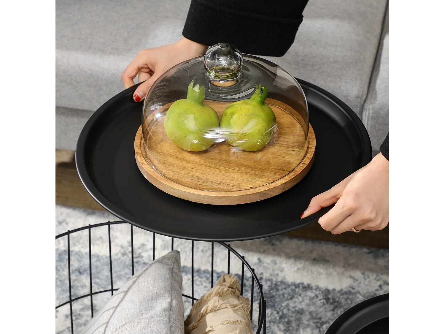 Ensemble de 2 tables basses, table d'appoint au design scandinave, table de salon avec rangement en acier noir pour salon et décoration moderne