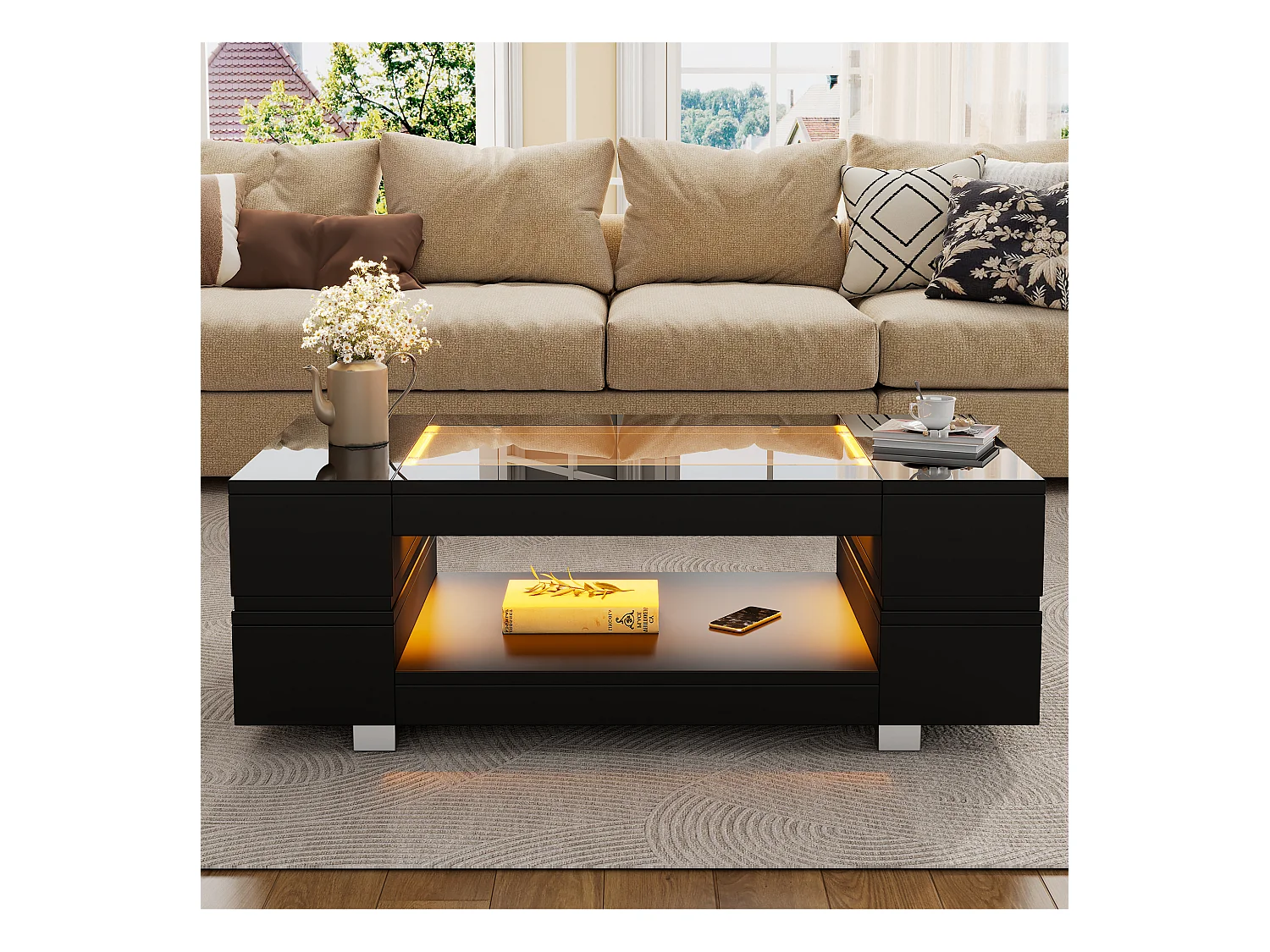 Table basse LED Noir avec contrôle via APP Bluetooth : Table à design en double couche à haute brillance creux, adaptée aux fêtes, bureaux et salons