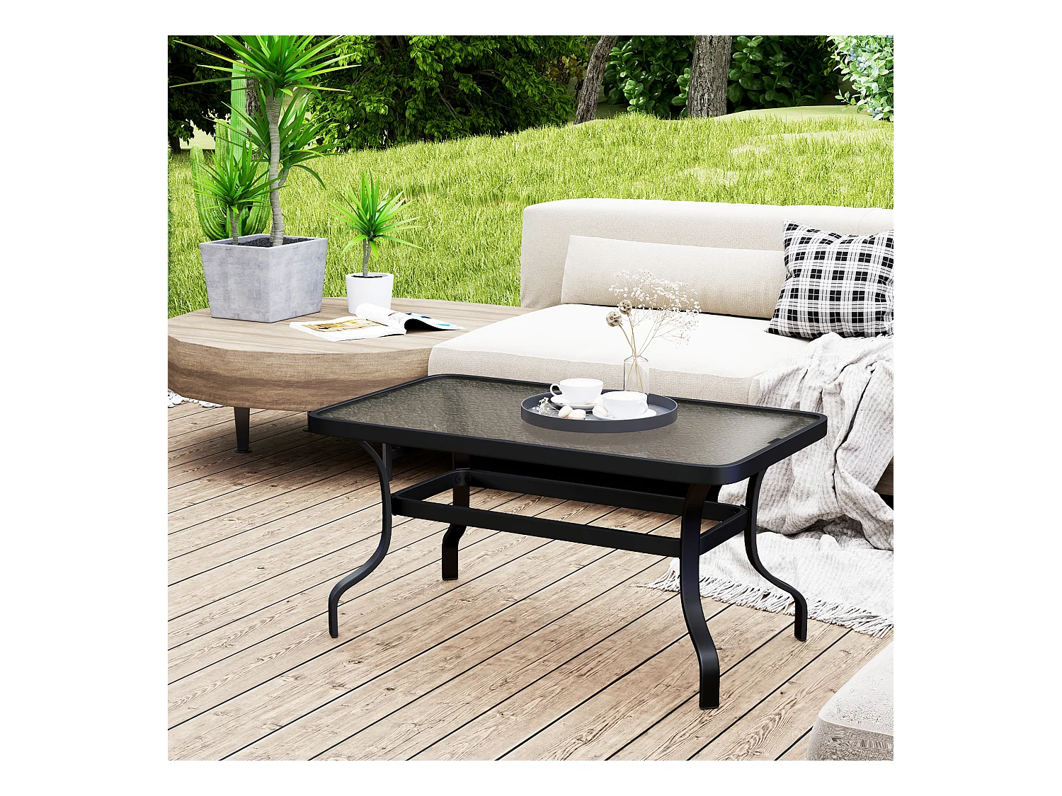 Table d'appoint en verre trempé – Table basse avec design ondulé, coins arrondis, table de jardin, pour salon, terrasse et balcon, 95x55 cm, Noir