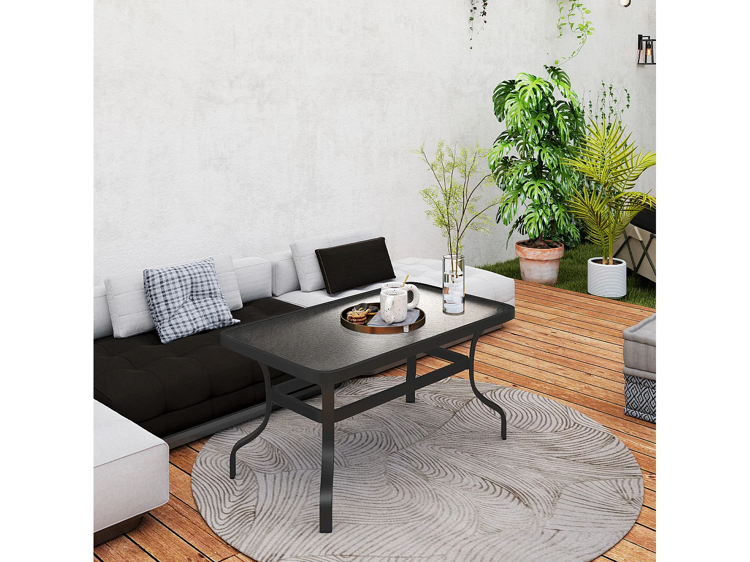 Table d'appoint en verre trempé – Table basse avec design ondulé, coins arrondis, table de jardin, pour salon, terrasse et balcon, 95x55 cm, Noir