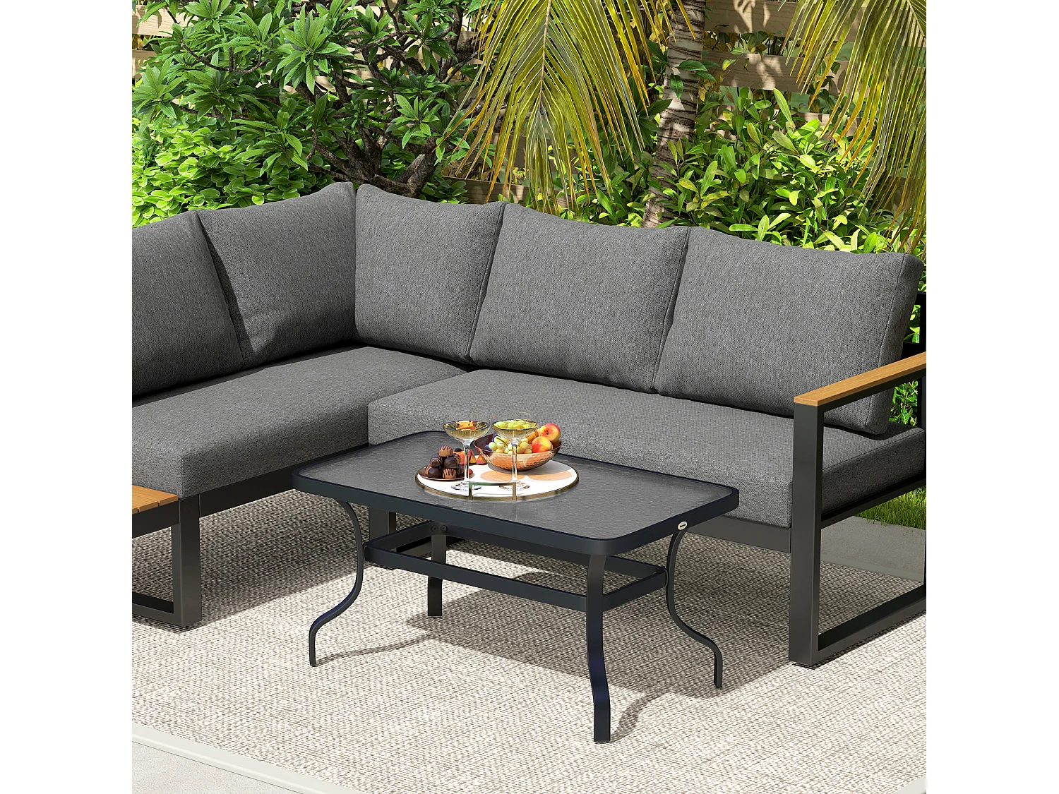 Table d'appoint en verre trempé – Table basse avec design ondulé, coins arrondis, table de jardin, pour salon, terrasse et balcon, 95x55 cm, Noir