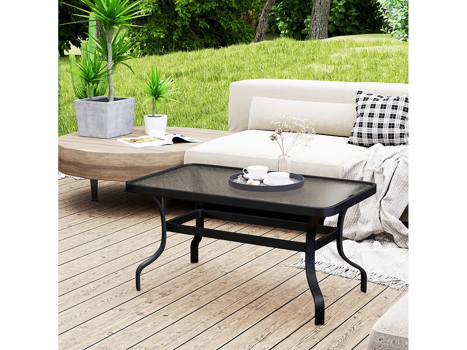 Table d'appoint en verre trempé – Table basse avec design ondulé, coins arrondis, table de jardin, pour salon, terrasse et balcon, 95x55 cm, Noir
