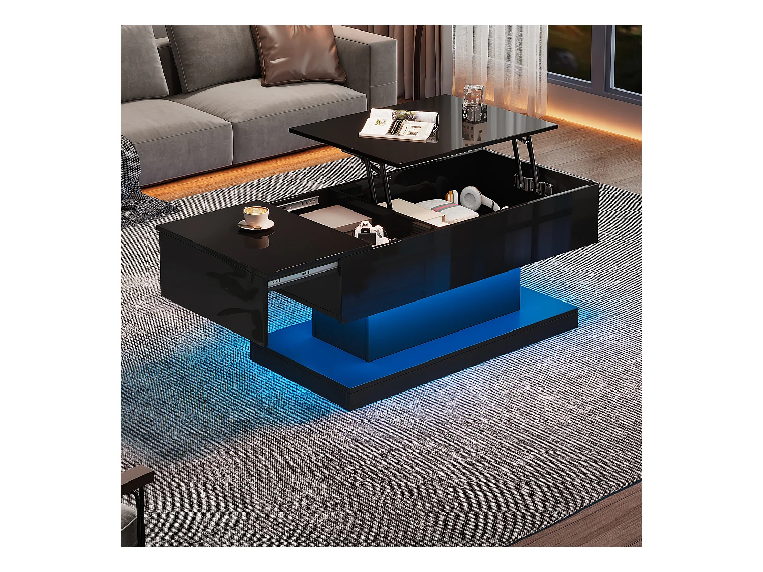 Table basse haute brillance avec élévation hydraulique, LED, espace de rangement, plateau réglable et fonction coulissante, design modulable.