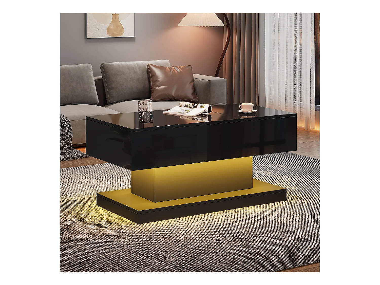 Table basse haute brillance avec élévation hydraulique, LED, espace de rangement, plateau réglable et fonction coulissante, design modulable.