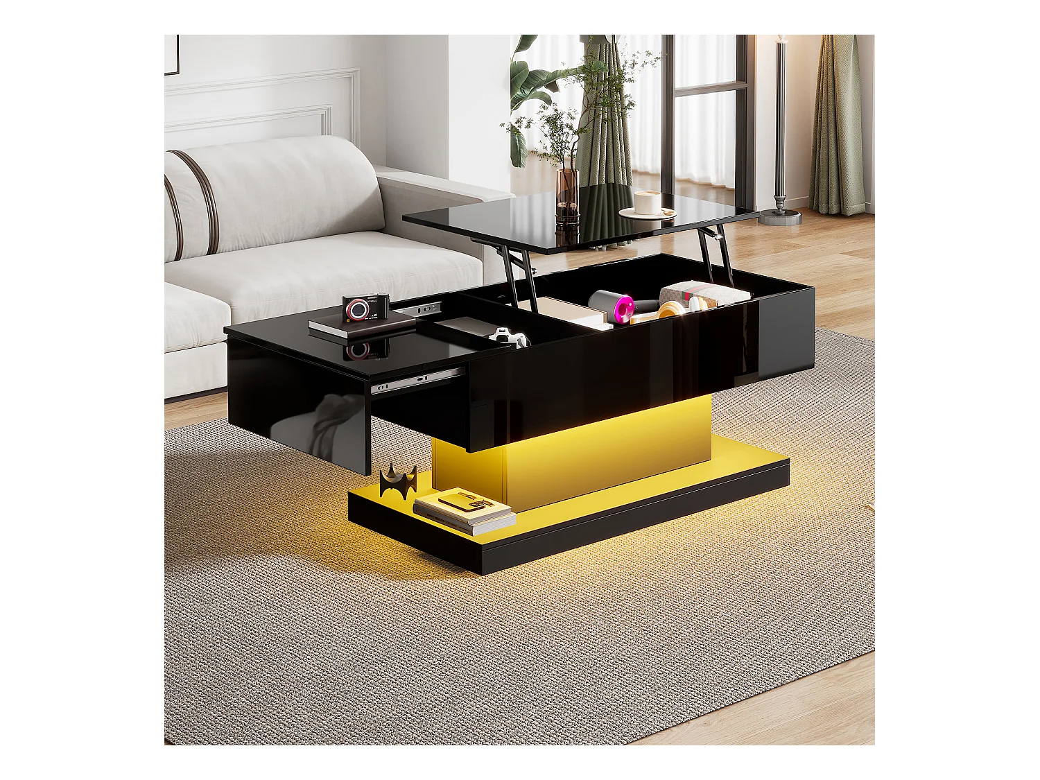 Table basse haute brillance avec élévation hydraulique, LED, espace de rangement, plateau réglable et fonction coulissante, design modulable.