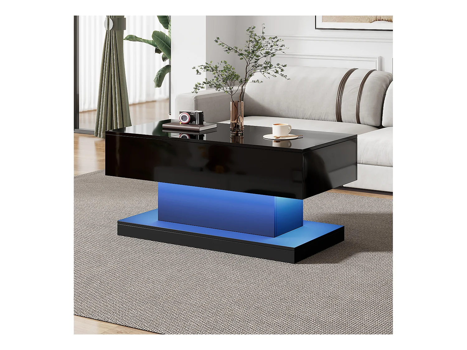 Table basse haute brillance avec élévation hydraulique, LED, espace de rangement, plateau réglable et fonction coulissante, design modulable.