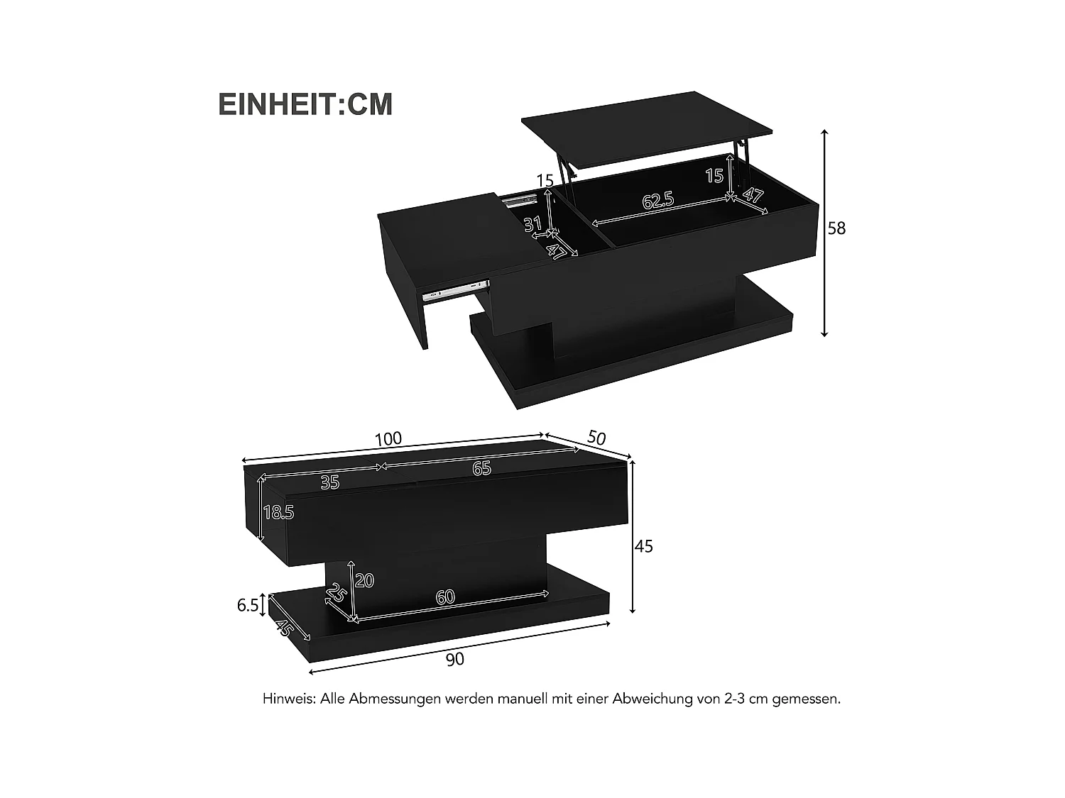 Table basse haute brillance avec élévation hydraulique, LED, espace de rangement, plateau réglable et fonction coulissante, design modulable.