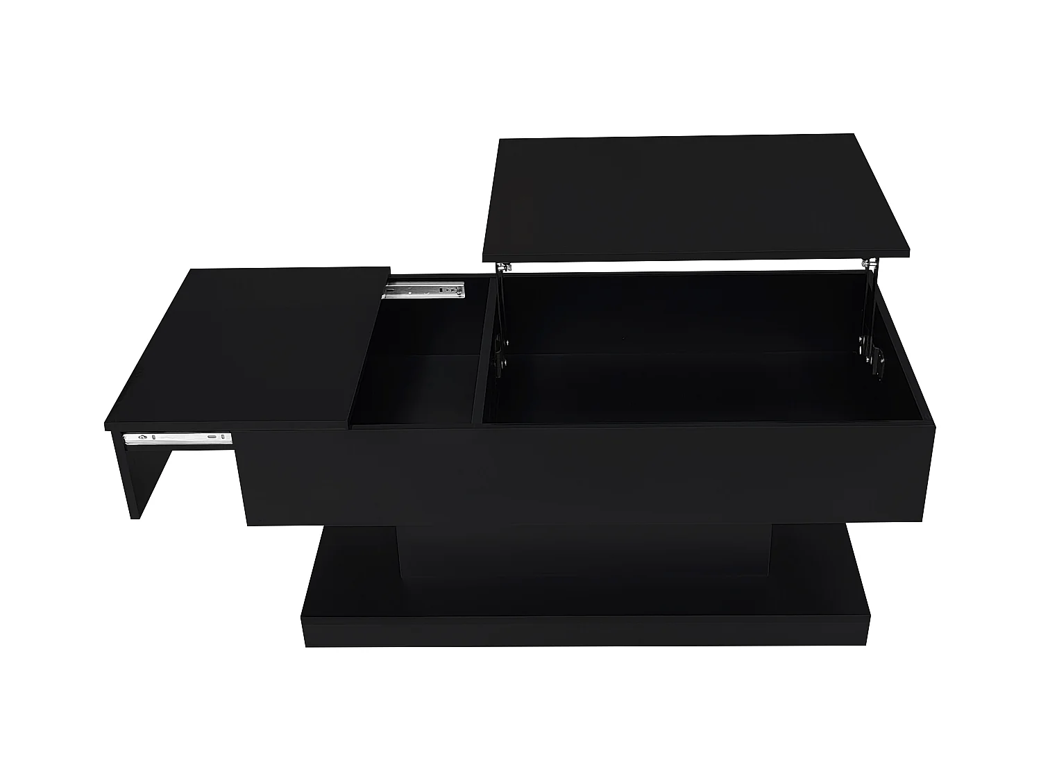 Table basse haute brillance avec élévation hydraulique, LED, espace de rangement, plateau réglable et fonction coulissante, design modulable.