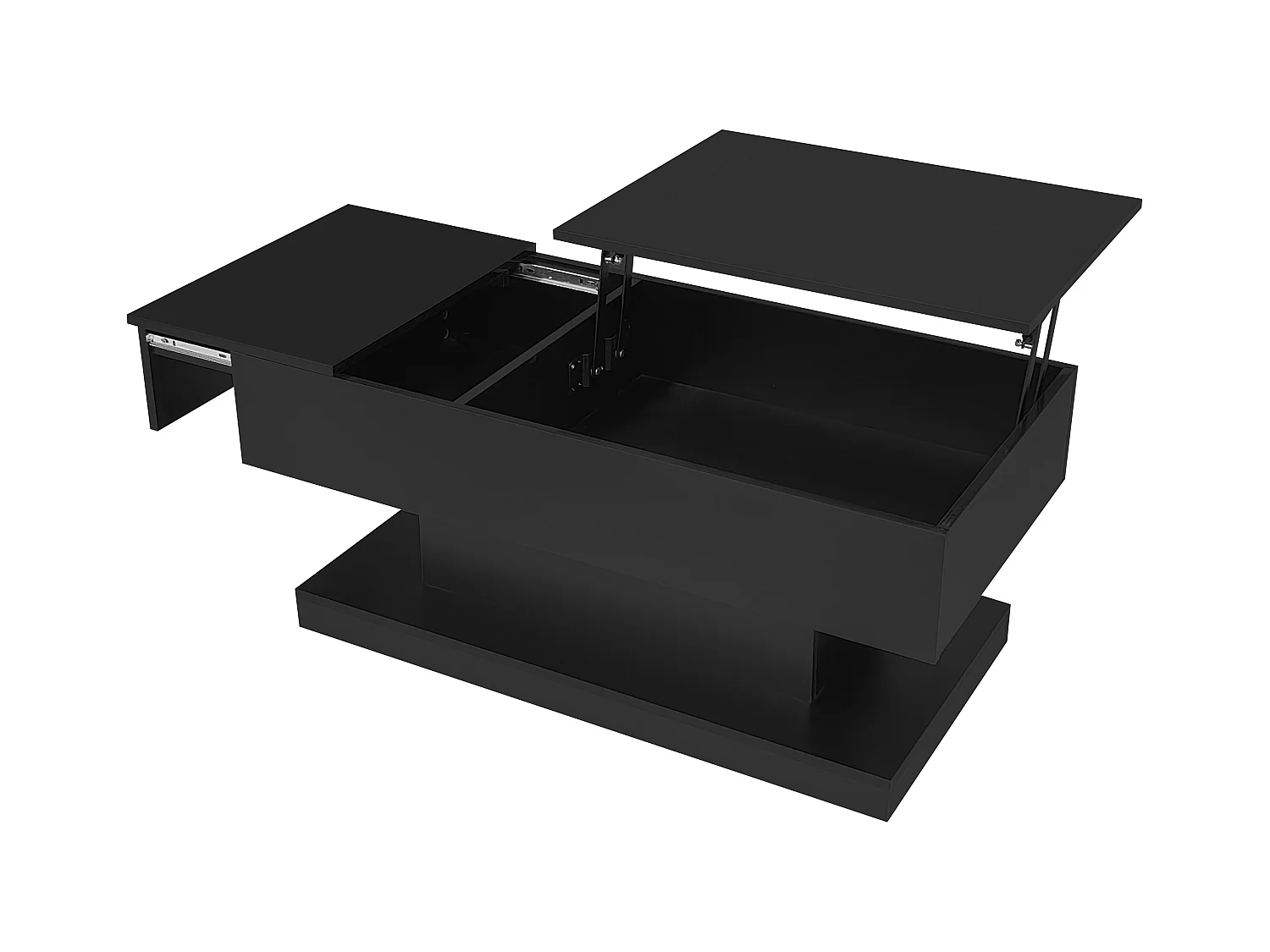 Table basse haute brillance avec élévation hydraulique, LED, espace de rangement, plateau réglable et fonction coulissante, design modulable.