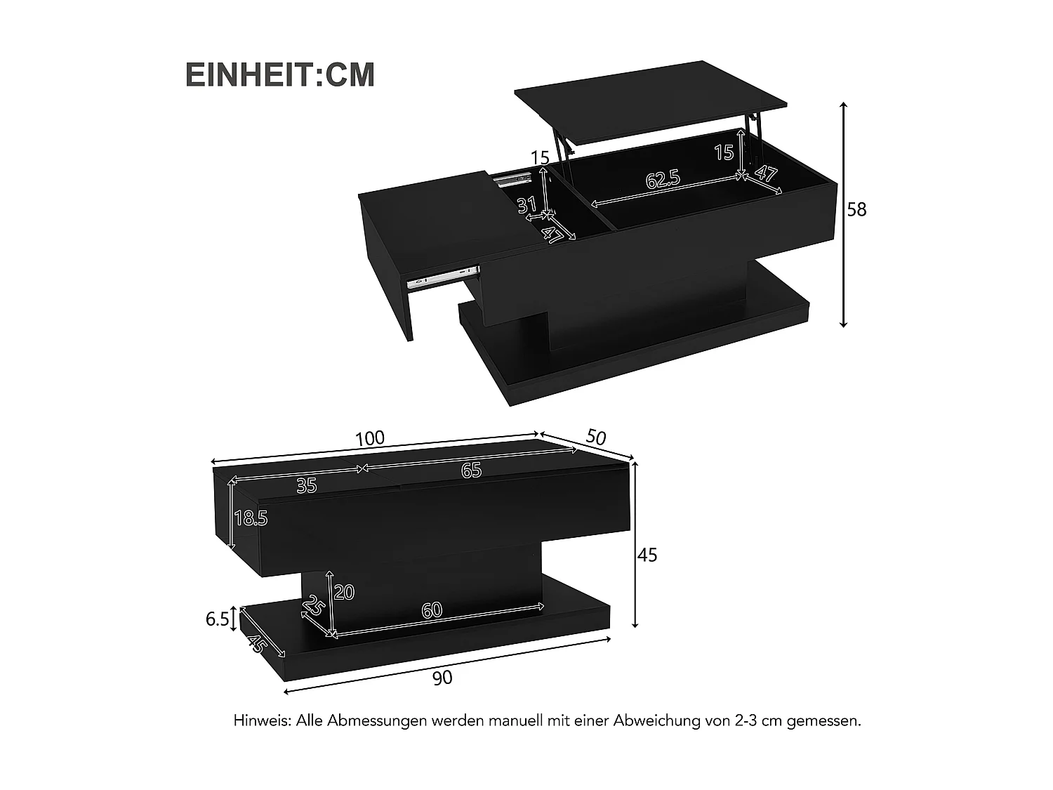Table basse haute brillance avec élévation hydraulique, LED, espace de rangement, plateau réglable et fonction coulissante, design modulable.