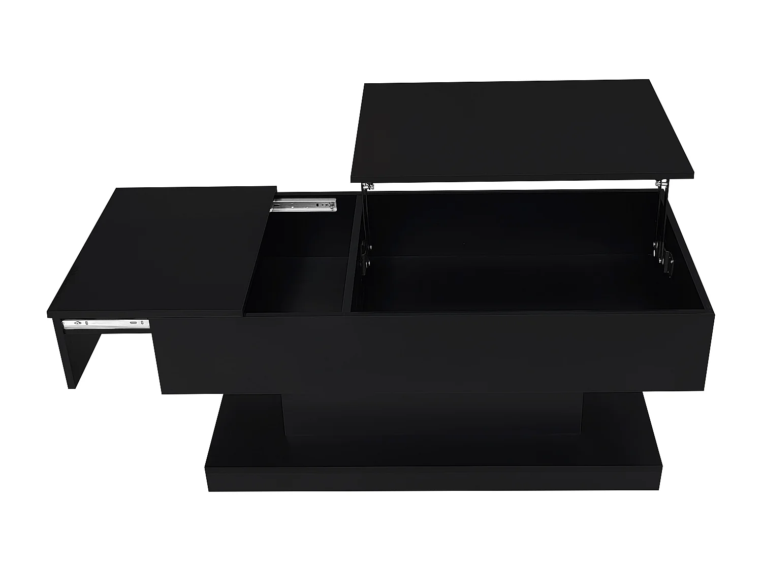 Table basse haute brillance avec élévation hydraulique, LED, espace de rangement, plateau réglable et fonction coulissante, design modulable.