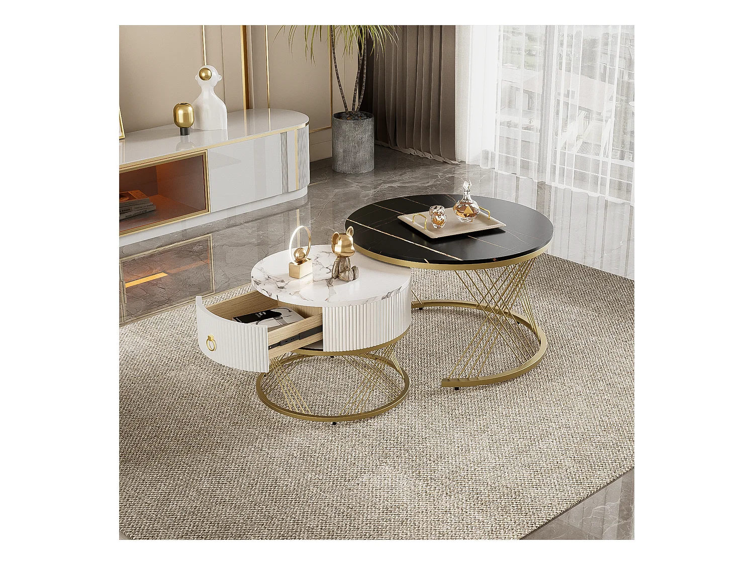 Table basse élégante 2 pièces, effet marbre, décor doré, avec tiroirs