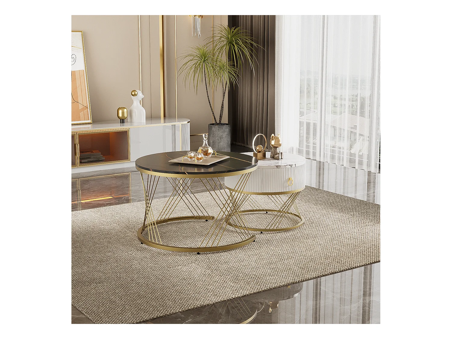 Table basse élégante 2 pièces, effet marbre, décor doré, avec tiroirs