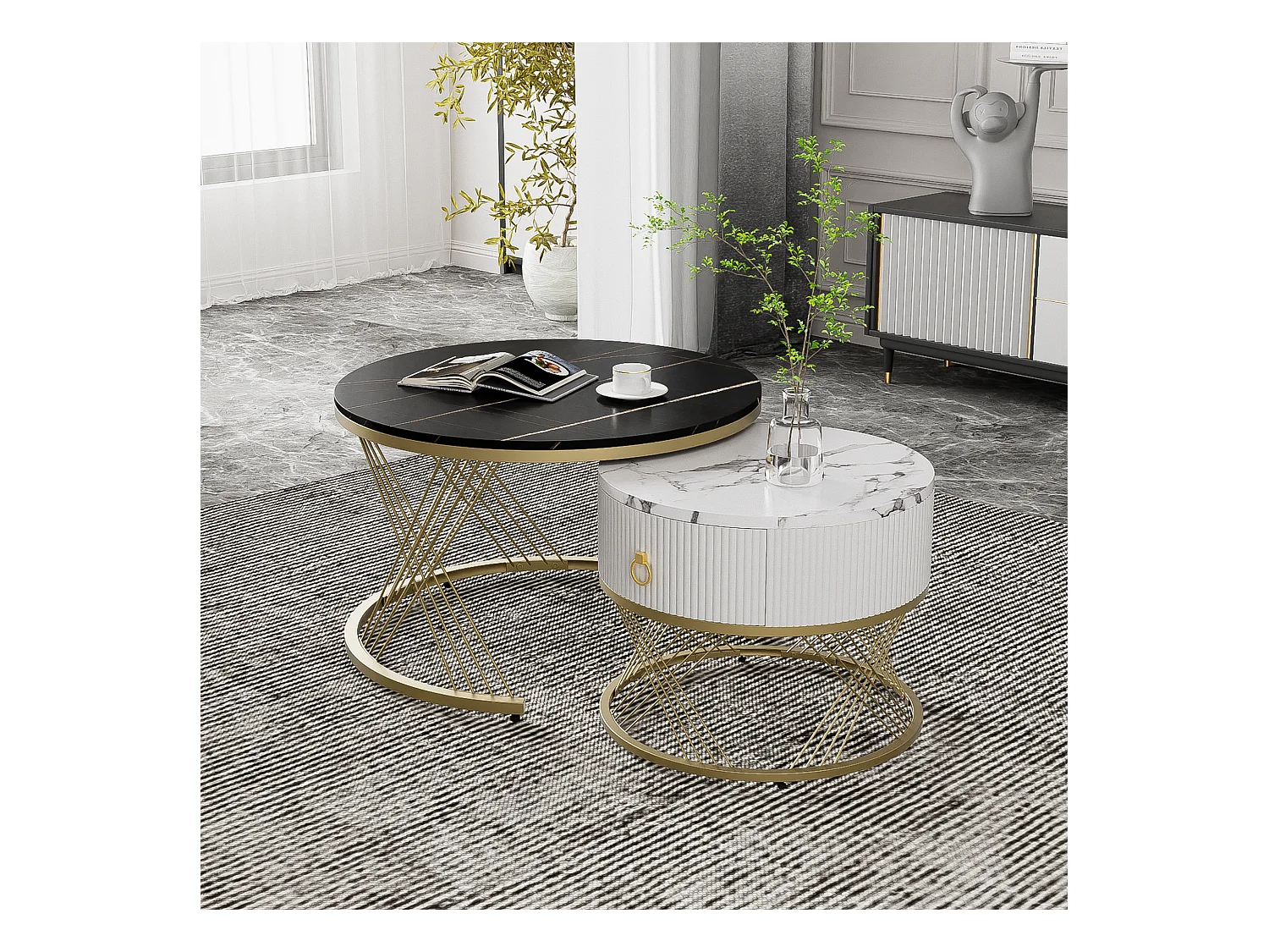 Table basse élégante 2 pièces, effet marbre, décor doré, avec tiroirs