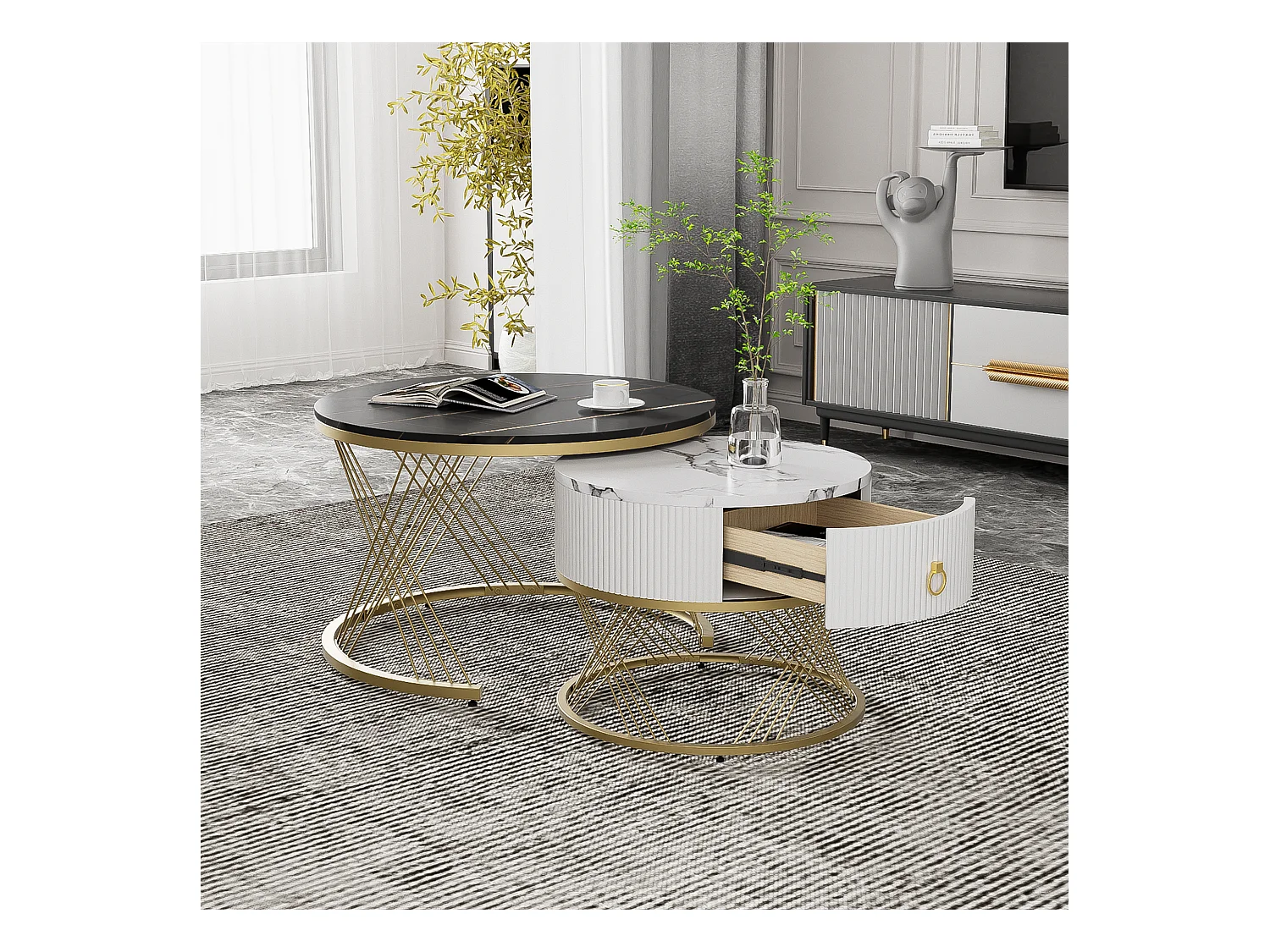 Table basse élégante 2 pièces, effet marbre, décor doré, avec tiroirs