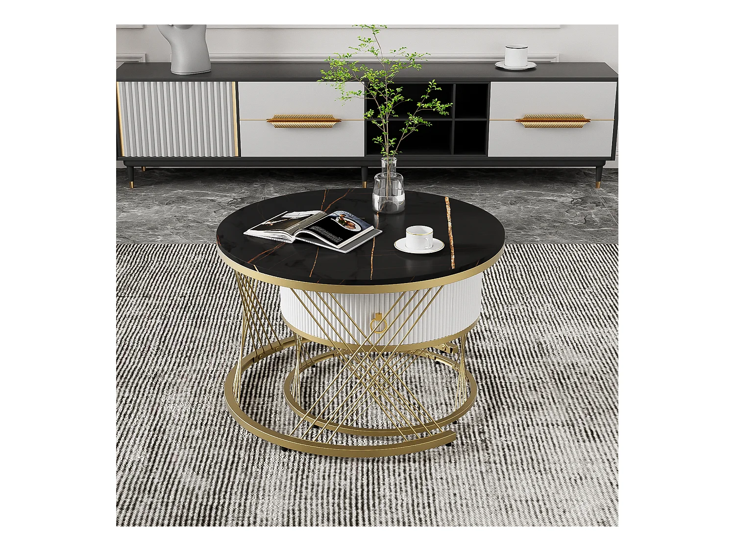 Table basse élégante 2 pièces, effet marbre, décor doré, avec tiroirs