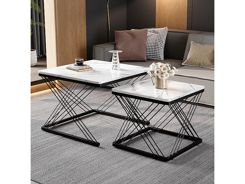 Set de tables basses 2 pièces, design élégant, finition effet marbre brillant, pieds réglables, capacité de charge jusqu'à 30 kg