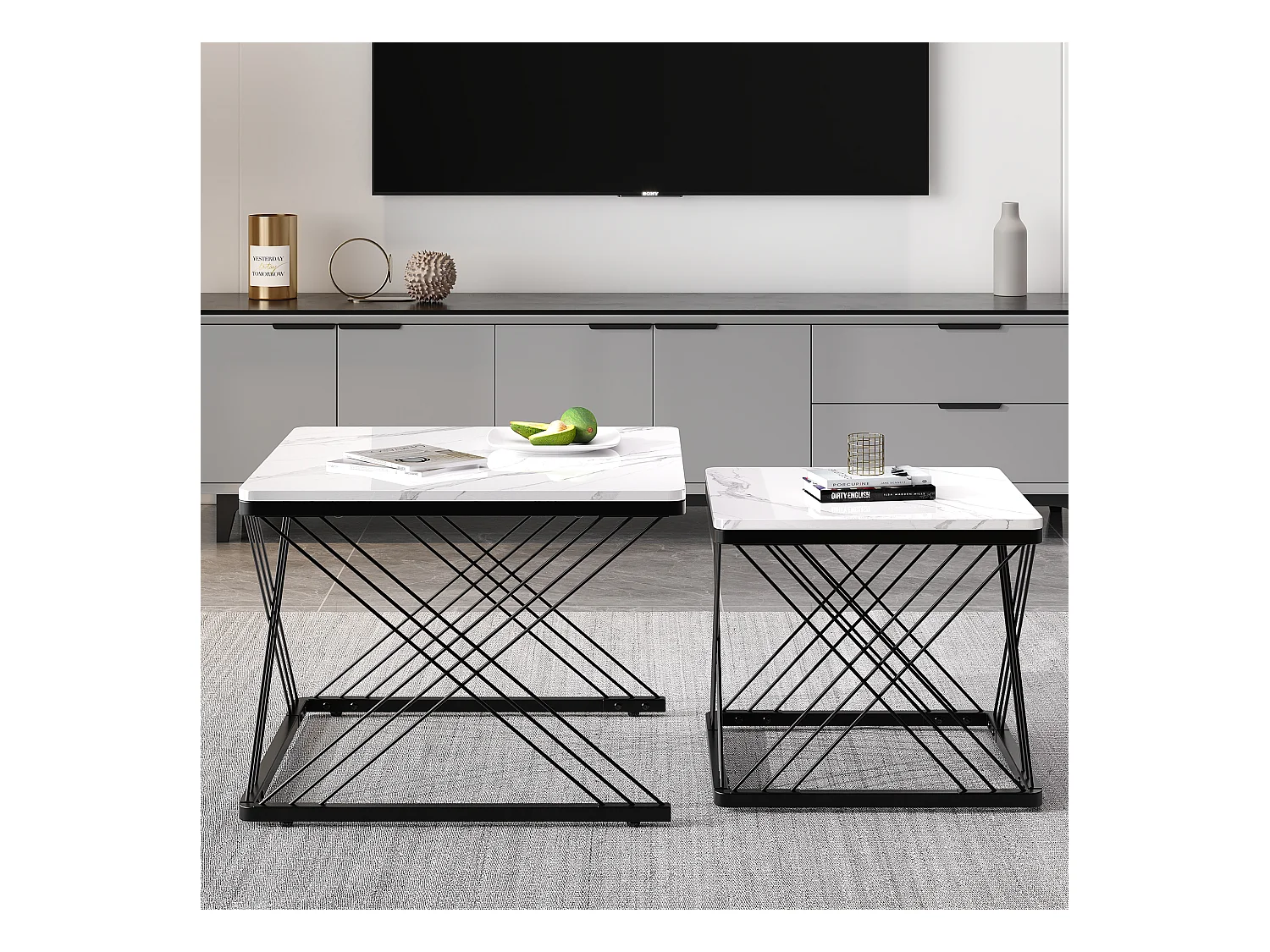 Set de tables basses 2 pièces, design élégant, finition effet marbre brillant, pieds réglables, capacité de charge jusqu'à 30 kg